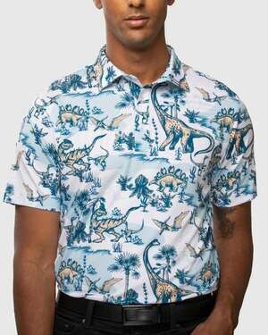Waggle Land Before Performance Golf Polo Shirt White Dino Short Sleeve Men's S
